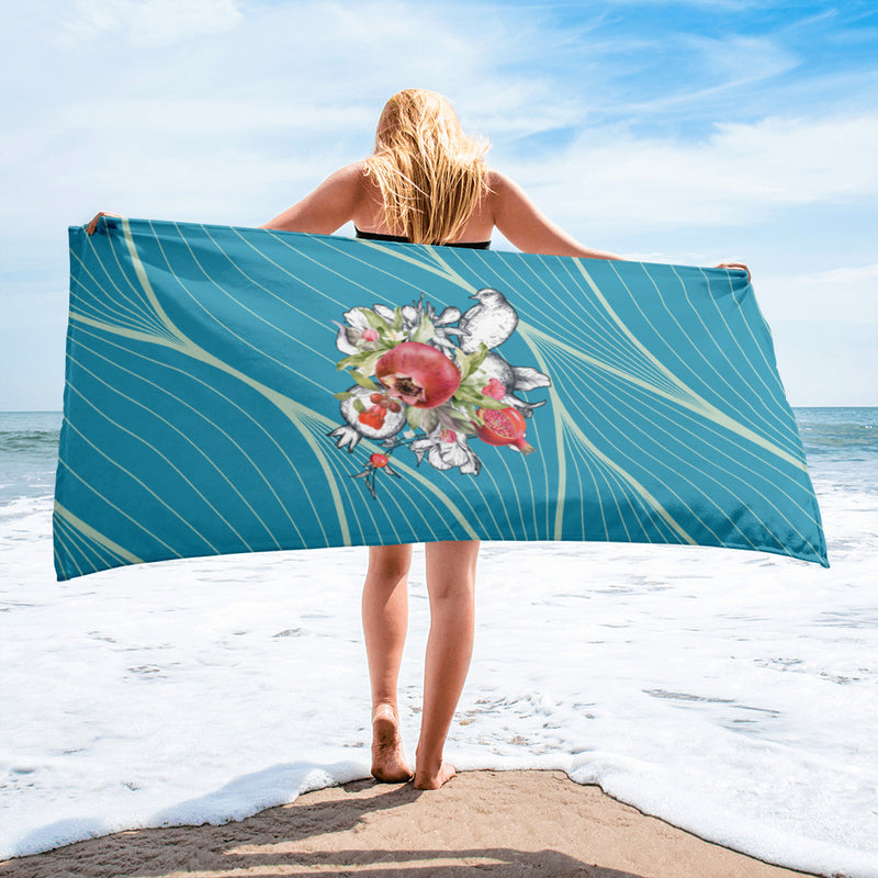 Armenian Symbols, Pomegranate, Beach Towel, Blue