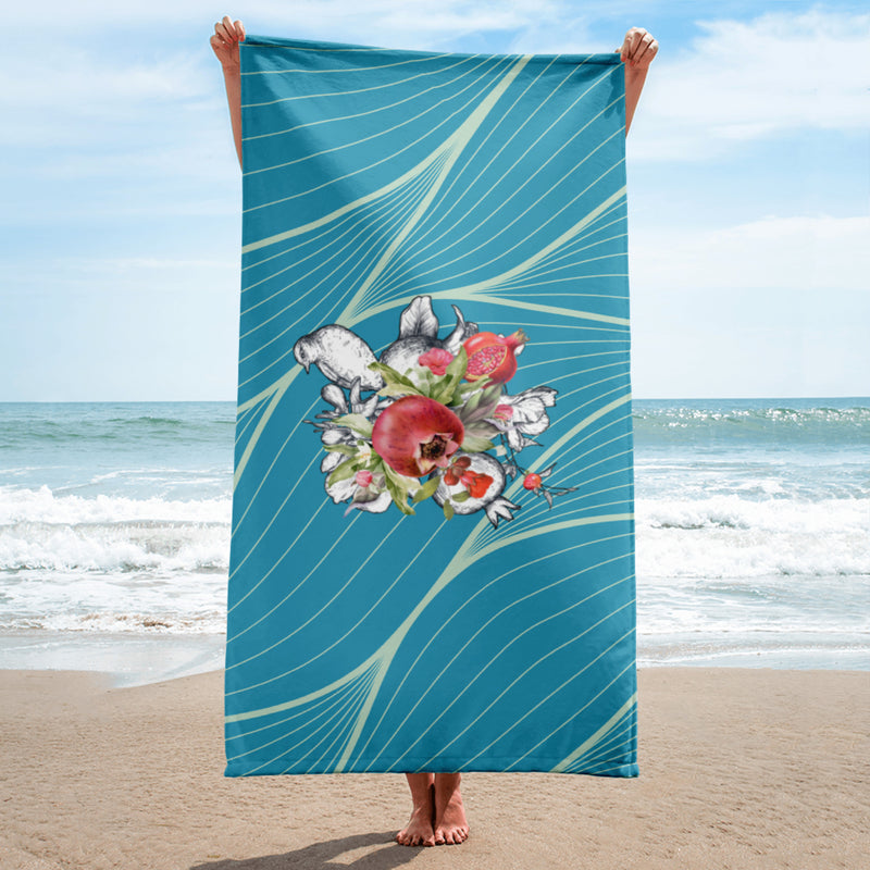 Armenian Symbols, Pomegranate, Beach Towel, Blue