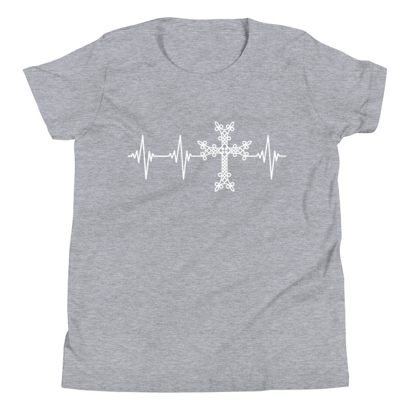 Heartbeat, Youth Short Sleeve T-Shirt, Khachkar, White Monotone